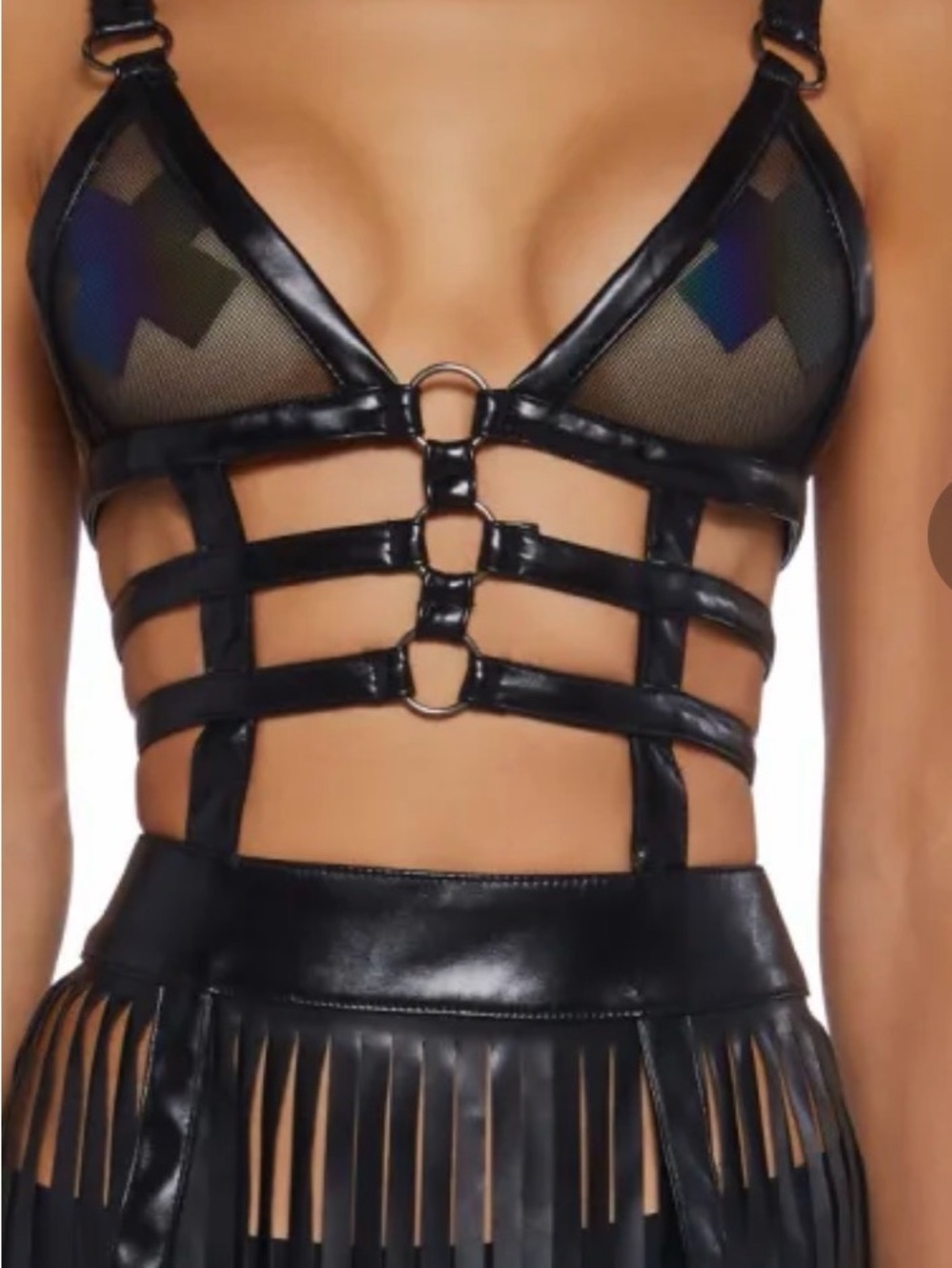 Black Faux Leather Fringe Maxi Dress with Harness Straps - Picture 12 of 13